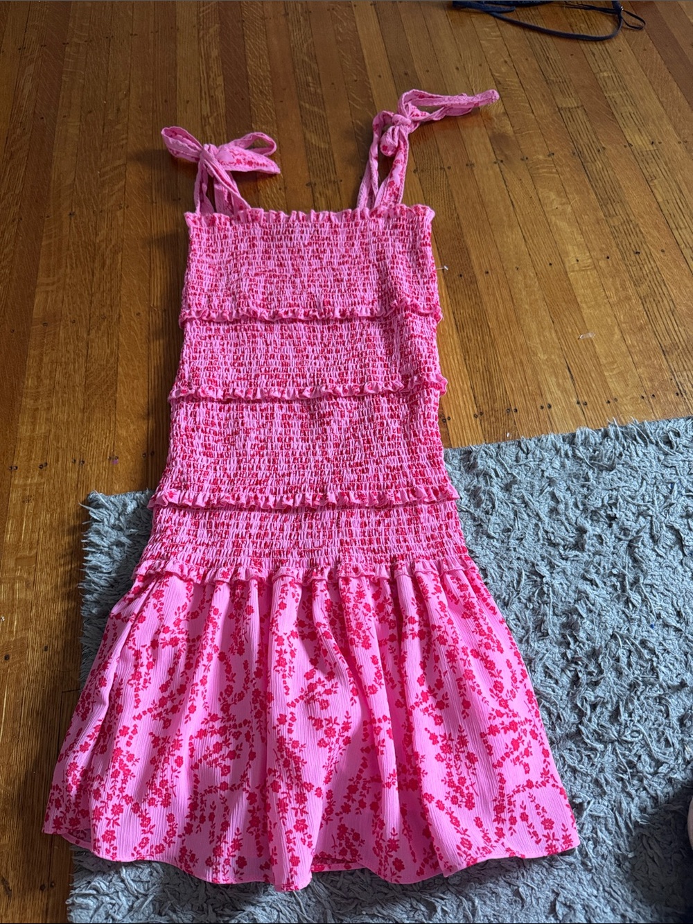 Smocked Tie-Shoulder Mini Dress in Bright Pink Floral